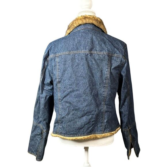 Austin Denim Jacket Size Large Blue Fur Collar Long Sleeve Zip Trucker Western - Picture 3 of 13